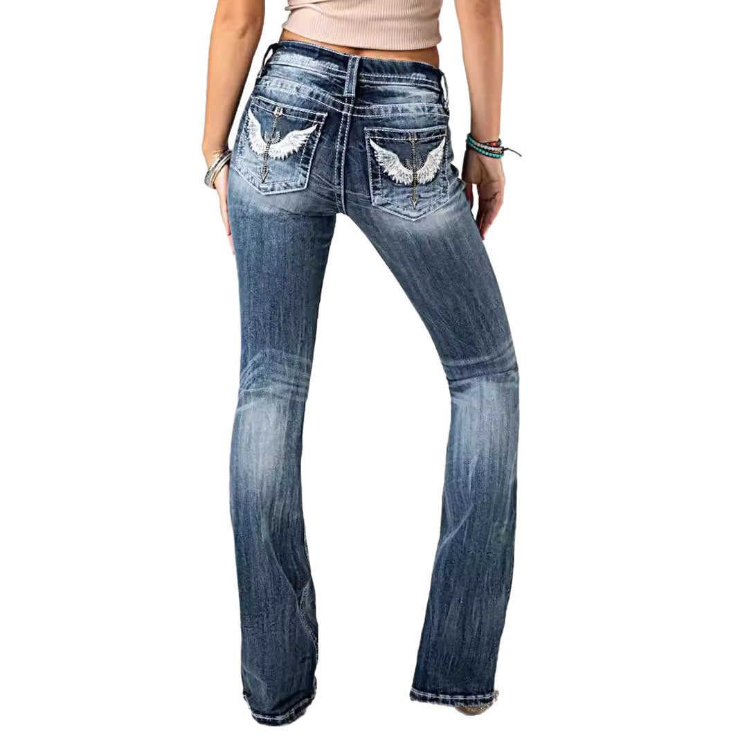 Women's Embroidered Washed Stretch Denim Trousers Slim Street Women's Jeans