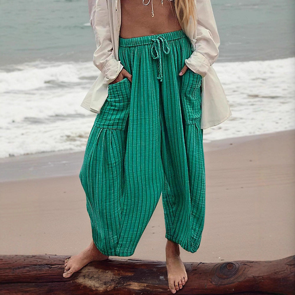 Women's Stripes Elastic Waist Cropped Pleated Breathable Contraction Pants