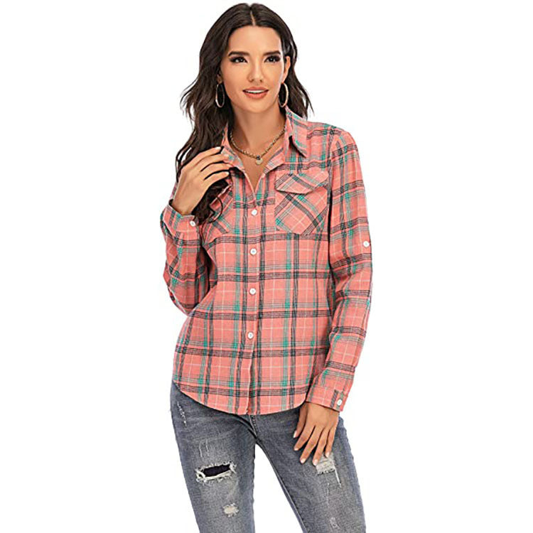 Women's Plaid Shirt Lapel Casual Fashion Double Pocket Long Blouse