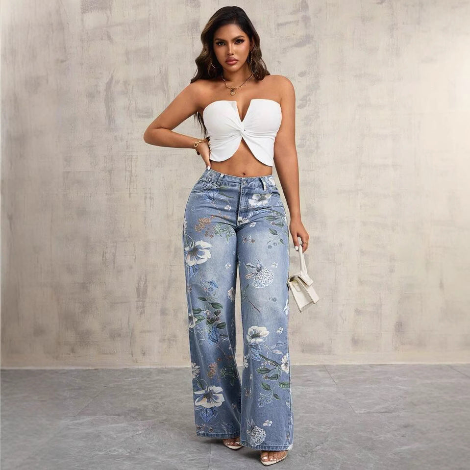 Women's Street Printed Autumn Fashion Style Loose Design Sense Mop Wide Women's Jeans