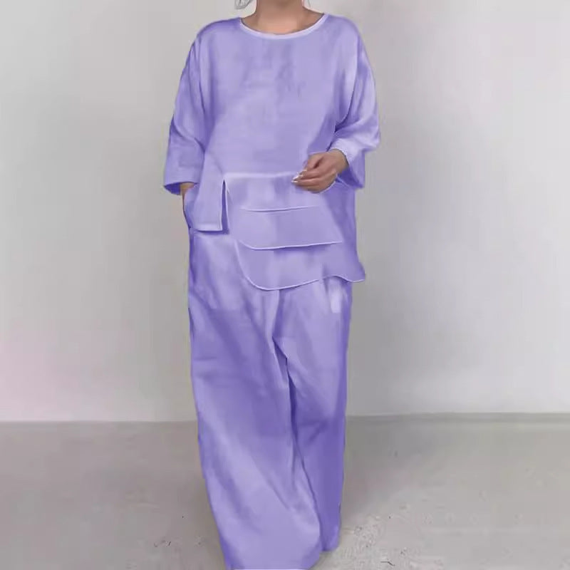 Neck Satin Layered Design Wide Leg Blouses