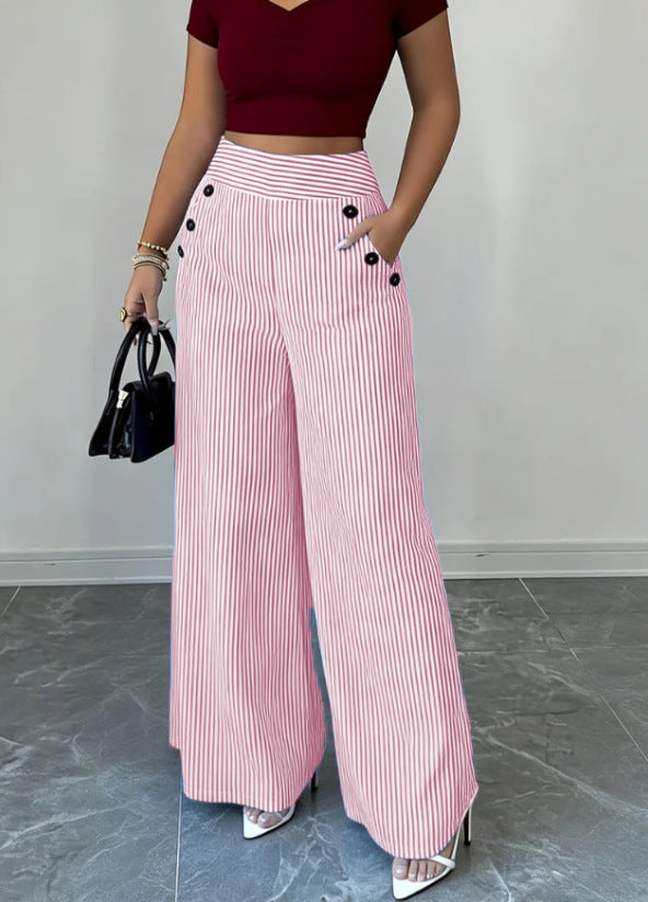 Women's Waist Wide Leg With Vertical Stripes Thin Casual Pants