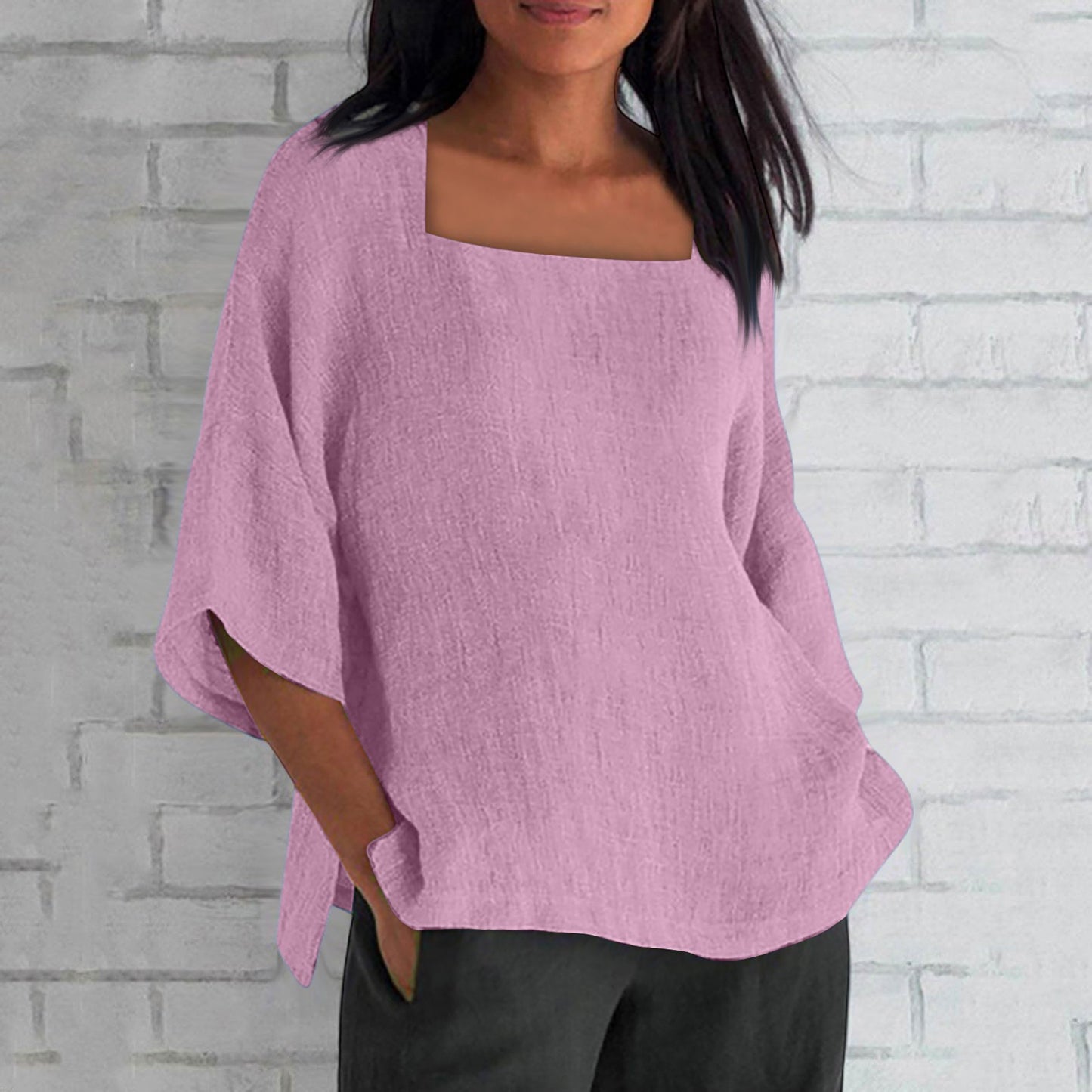 Women's Three-quarter Sleeve Square Collar Cotton Linen Blouse