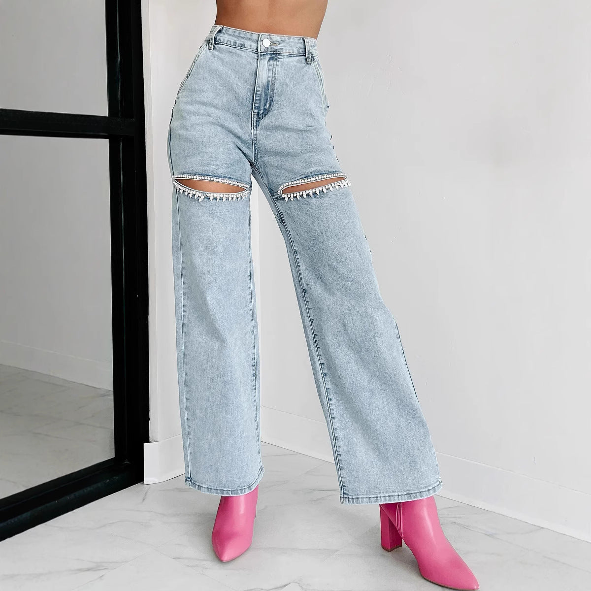 Women's Chain Ripped Straight Washed Fashion High Women's Jeans