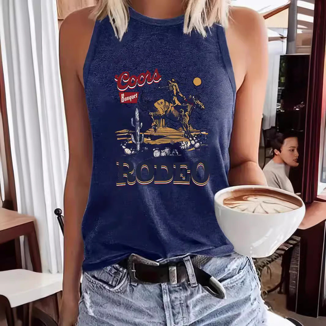 Women's Western Denim Sleeveless T-shirt Round Neck Pullover Vests