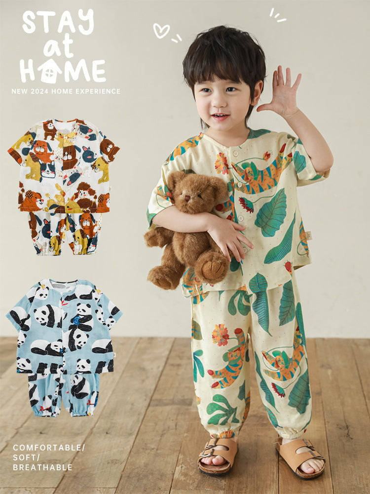 Children's Boy's Summer Thin Short-sleeved Cartoon Loose Soft Pajamas Children's Suit