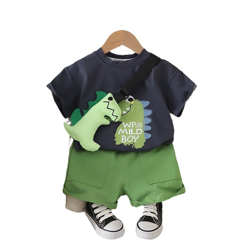 Children's Summer Clothing Korean Boys Dinosaur Bag Short Sleeve Two-piece Children's Suit