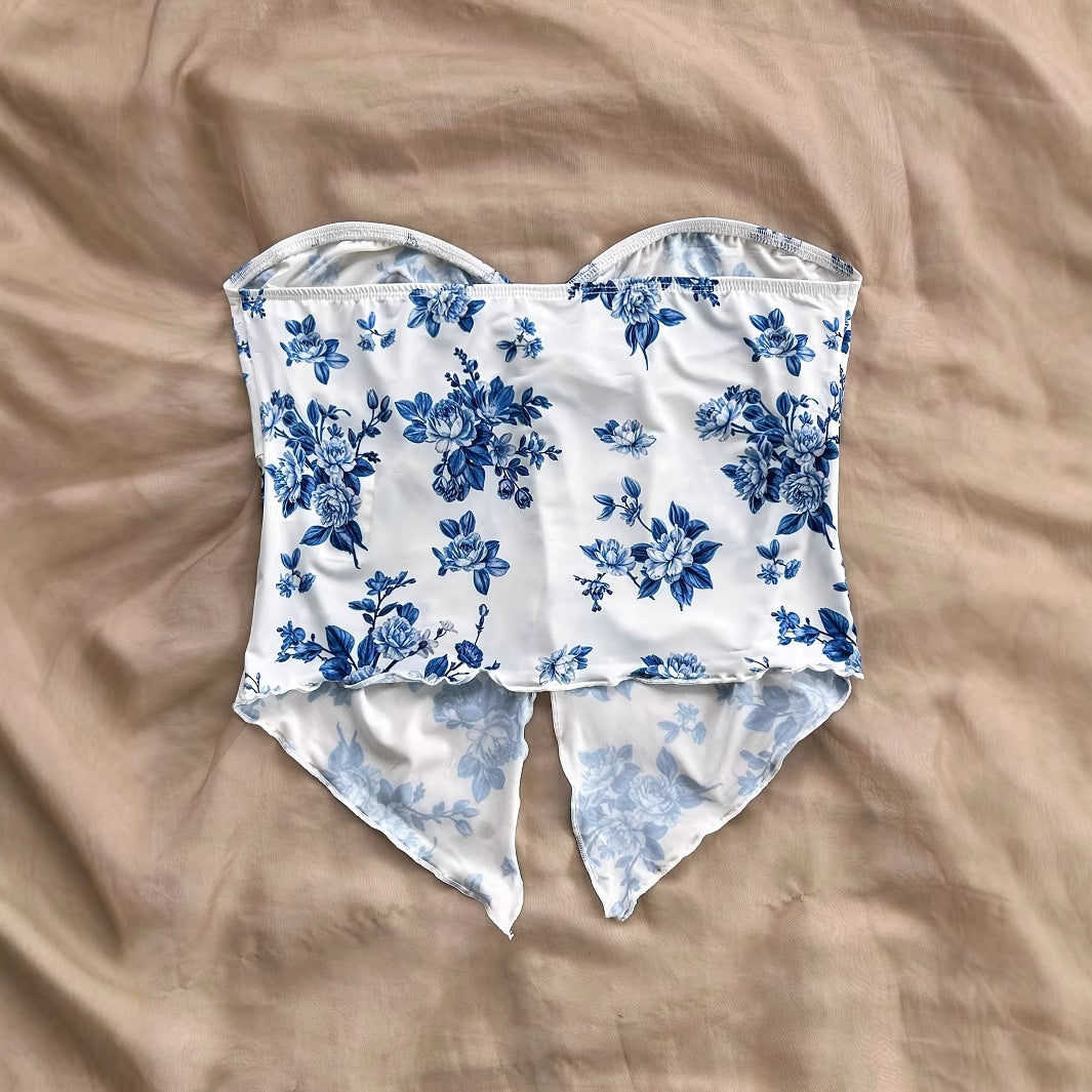 Printed Asymmetric Hem Vacation Style Wrapped Small Vest/suspenders/tube Top