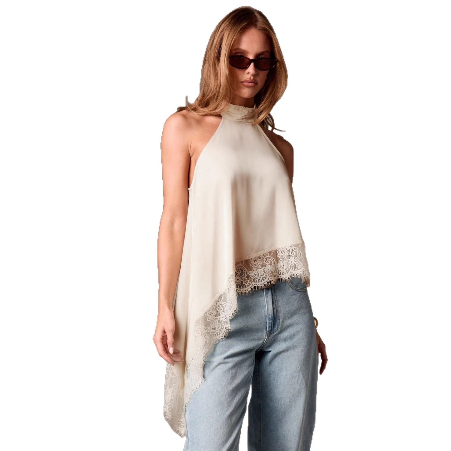 Women's Fashion Sleeveless Satin Strap Stitching Lace Trim Small Vest/suspenders/tube Top