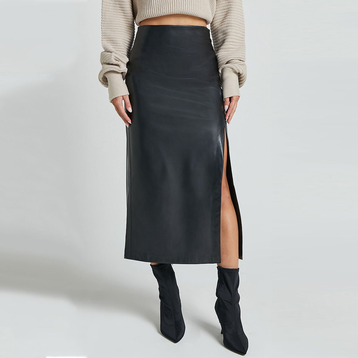 Women's Split Leather High Waist Zipper Sheath Dress Skirts