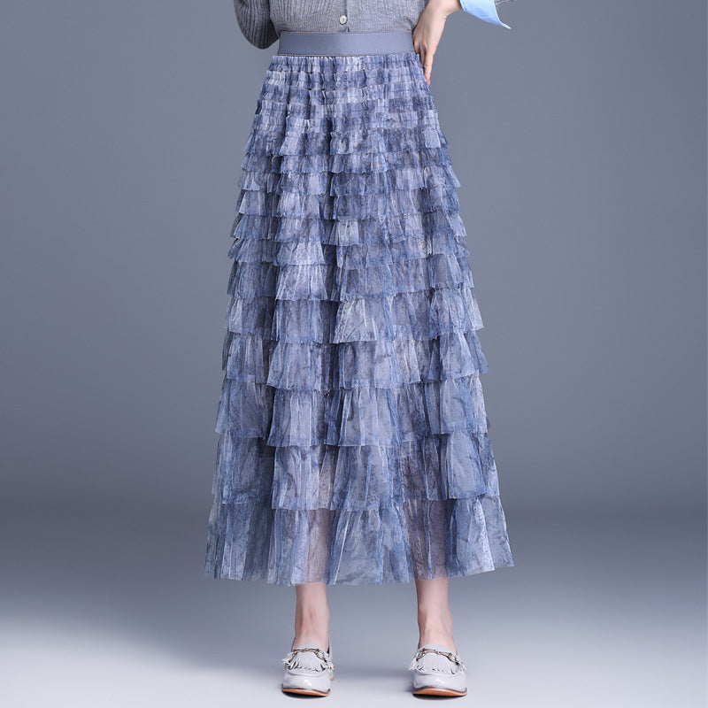 Women's Design Gradient Color Mesh Autumn Cake Dress A- Skirt