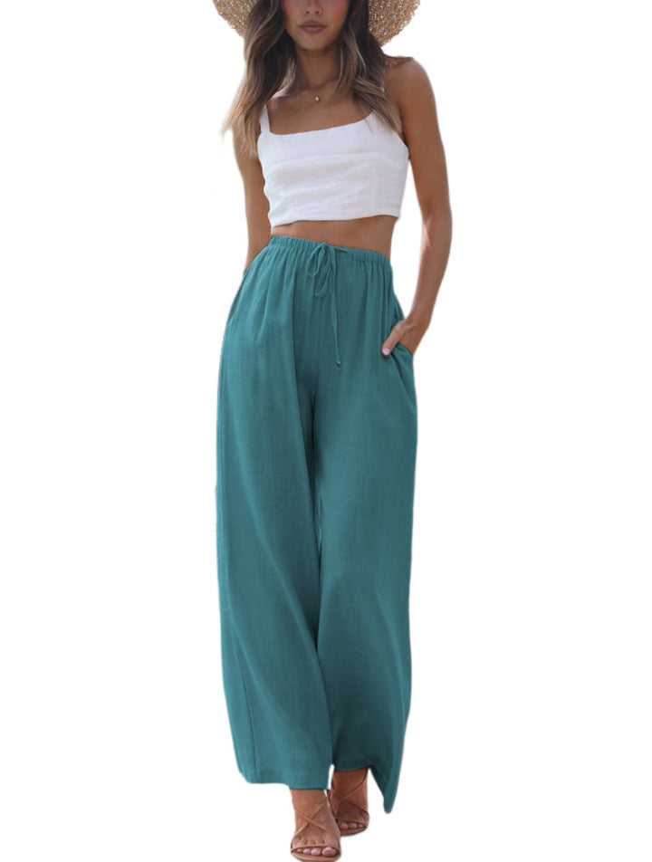 Women's Cotton Linen Drawstring High Waist Wide Casual Pants
