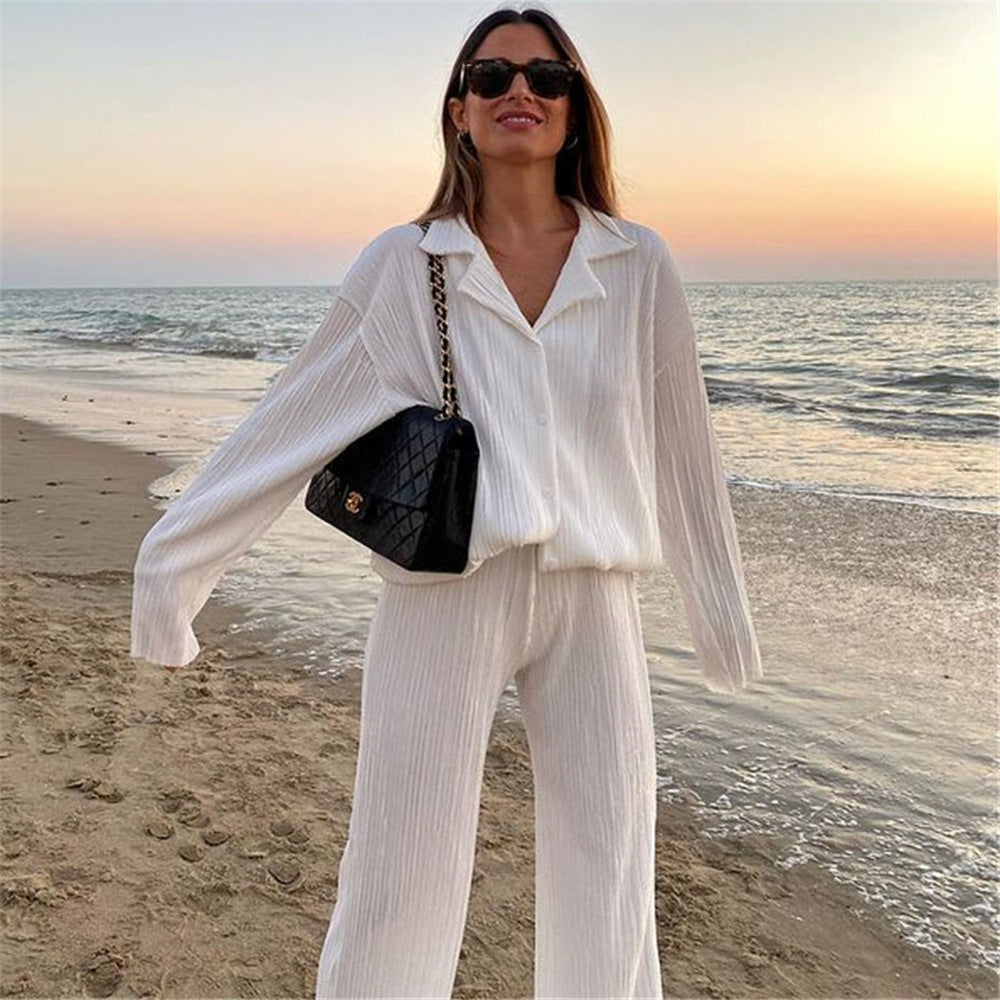Women's Spring Pleated Design Shirt Outfit Trousers Loose Two-piece Set Fashion Casual Suit