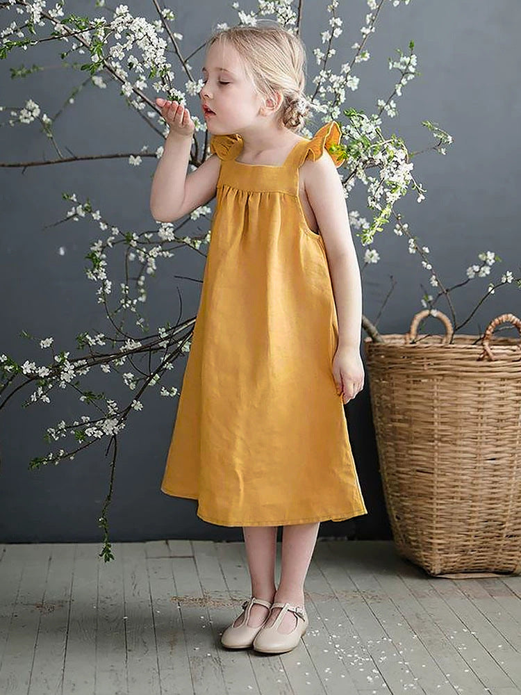 Linen Mori Summer Flounced Sleeve Suspender Skirt Loose Children's Dress