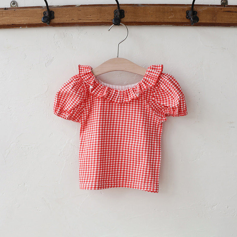 Summer Strawberry Shan Sweet Lady Plaid Round Neck Short Children's T-shirt