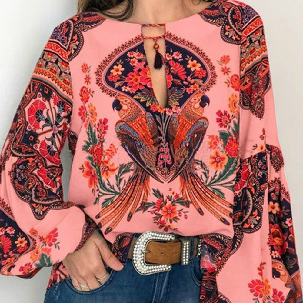 Women's Special Digital Printed Round Neck Lantern Blouse