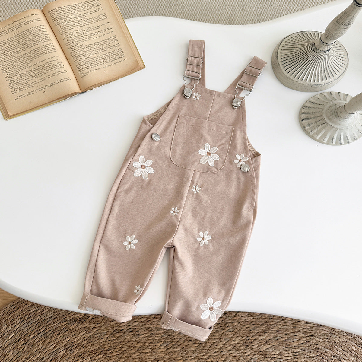 Jumpsuit Korean Style Fashion Suspender Flower Embroidered Casual Children's Pants