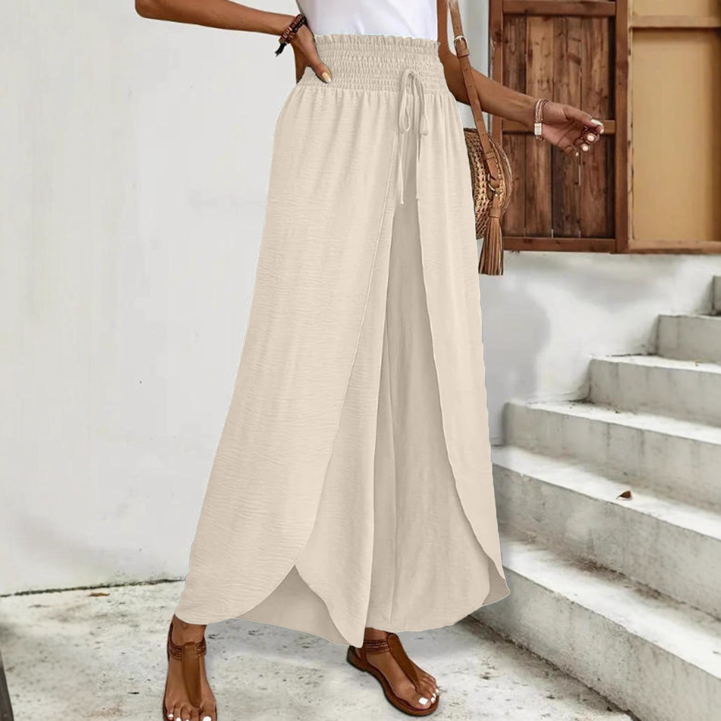 Women's Elegant Split Trousers Loose Waist Drawstring Casual Pants