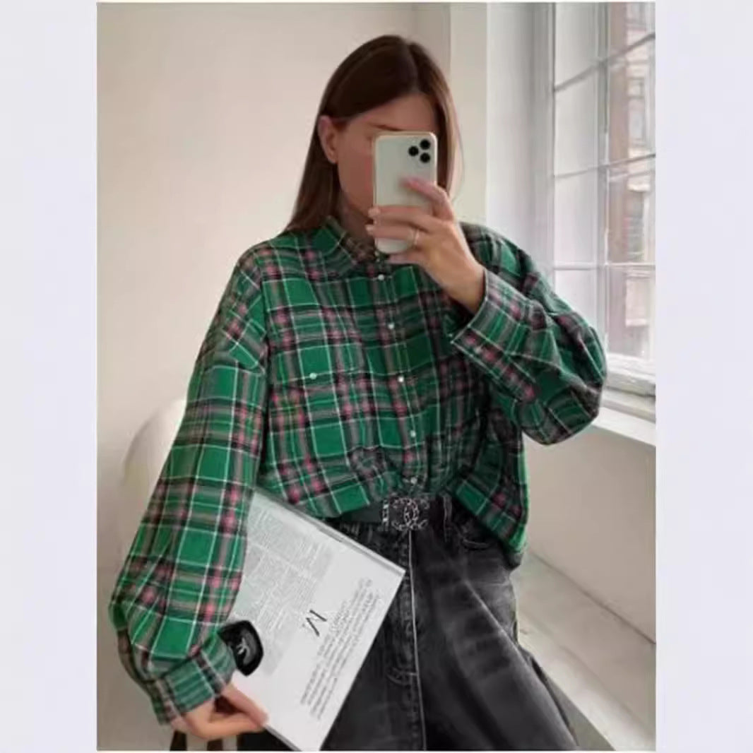 Women's Style Lapel Loose Shirt Plaid Long Sleeve Blouse