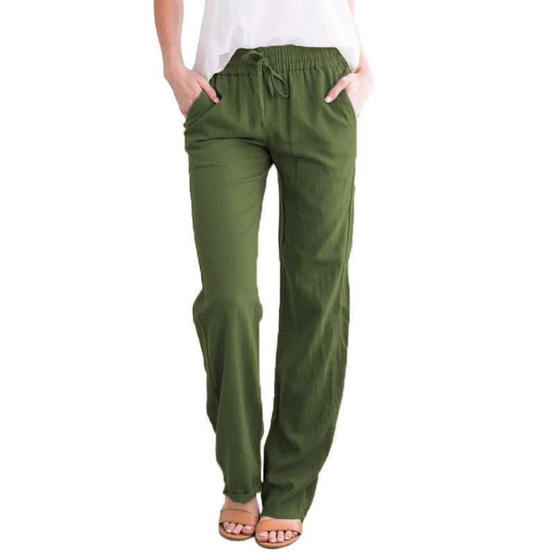 Women's Solid Color Cotton Linen Drawstring Loose Casual Pants