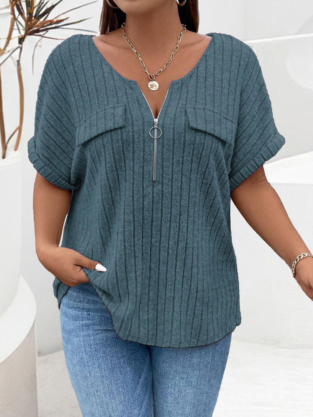 Women's Solid Color Clothes Zipper Sleeve Faux Pocket Pullover Tops