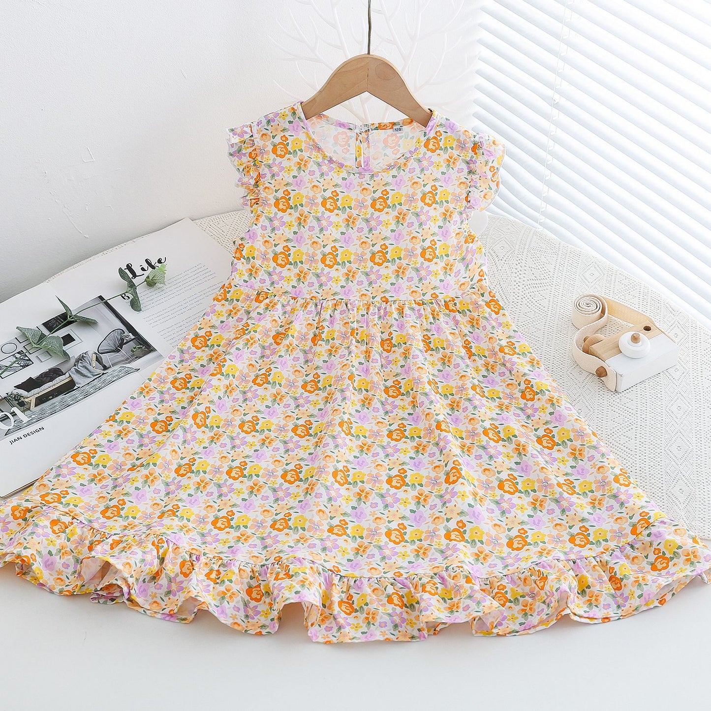 Sweet Little Flounced Sleeve Cotton Silk Summer Thin Cool Rayon Children's Dress