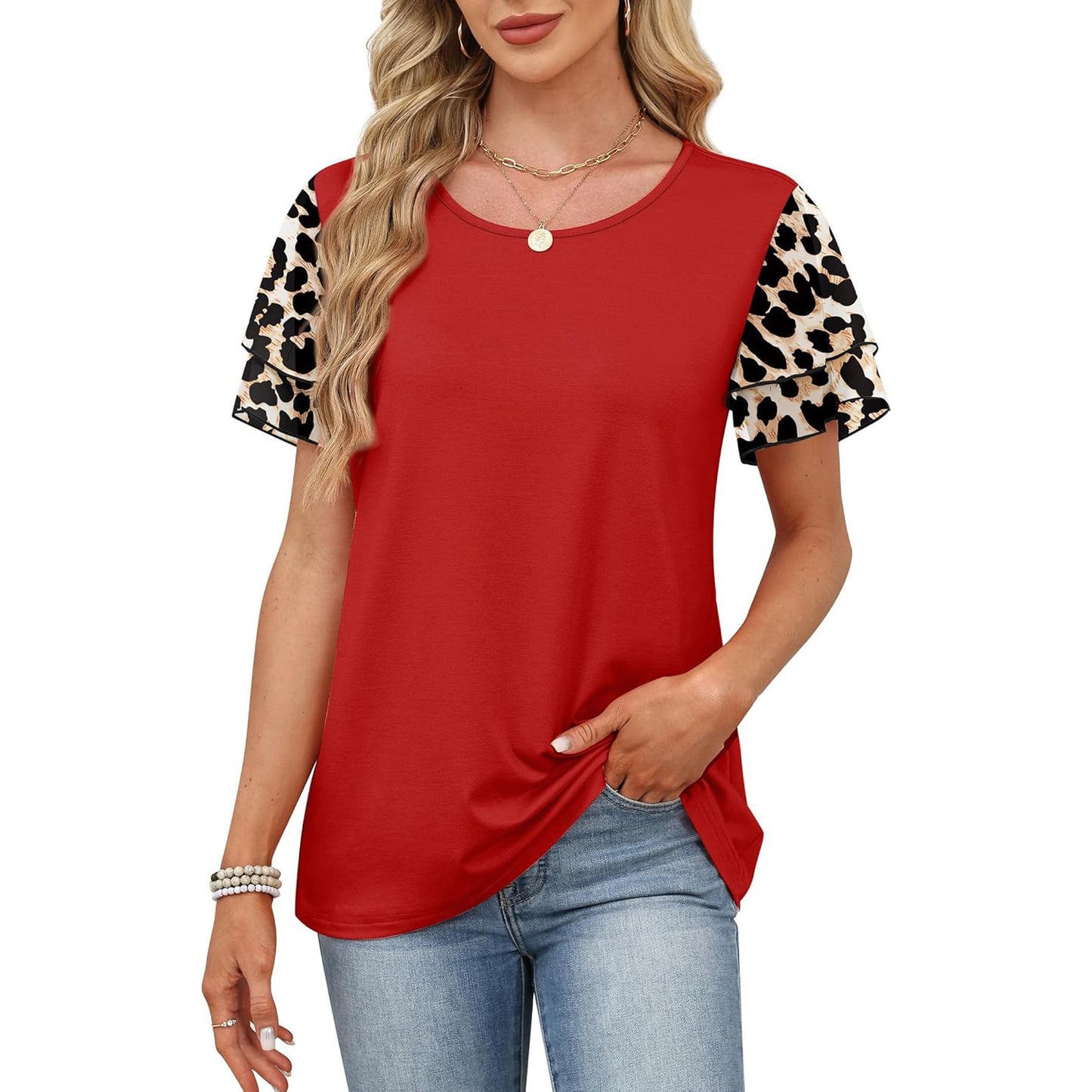 Women's Round Neck Printed Contrast Color Double Tops
