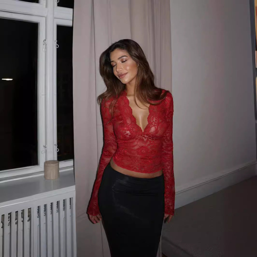 Autumn Solid Color Slim Long Sleeve Lace Shirt, Chiffon Shirt