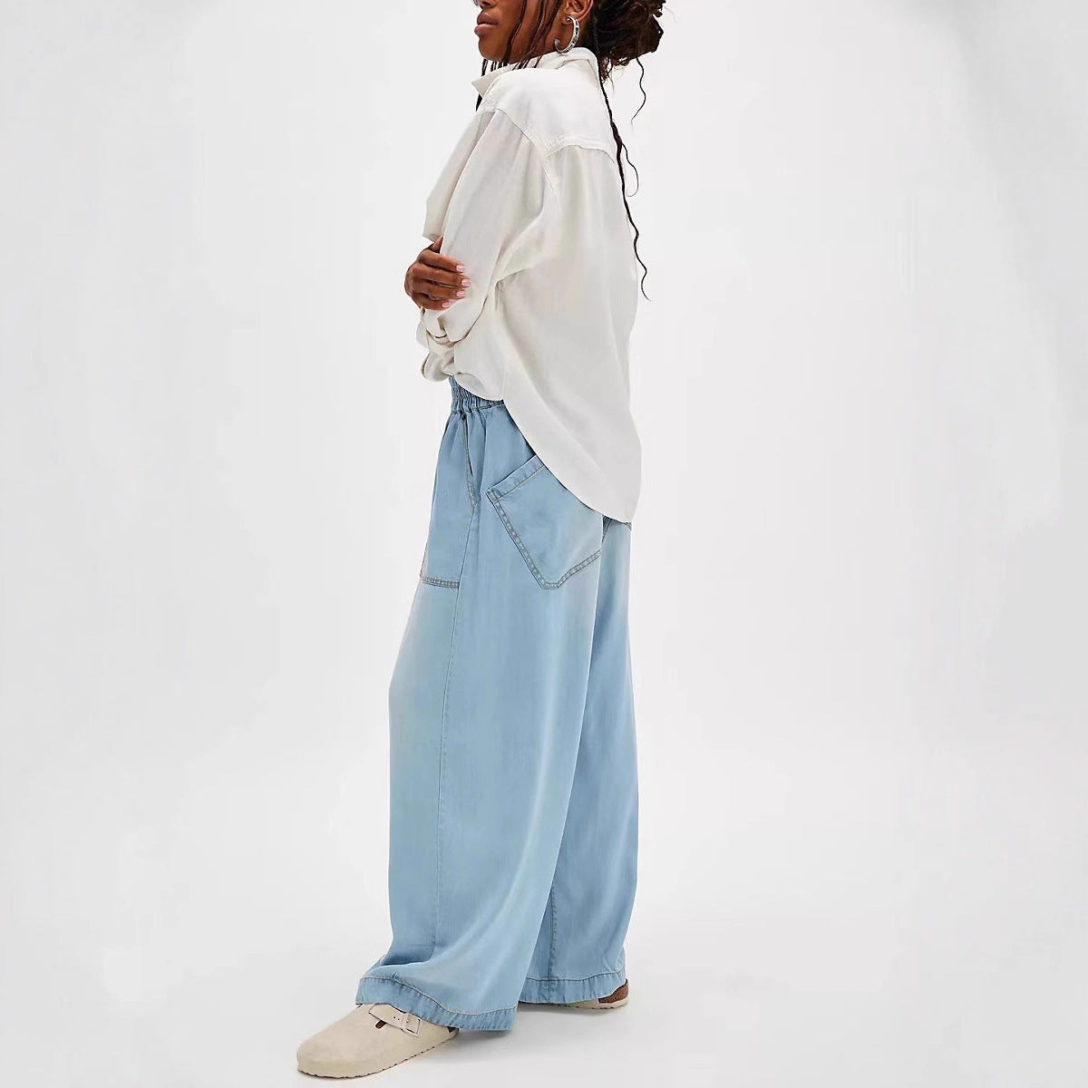 Women's Fashionable Draping Washed Straight Loose Casual Jeans