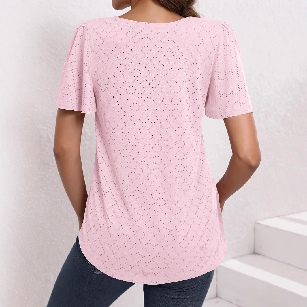 Women's Summer Solid Color Pullover Pleated Jacquard Fashion Women's T-shirt