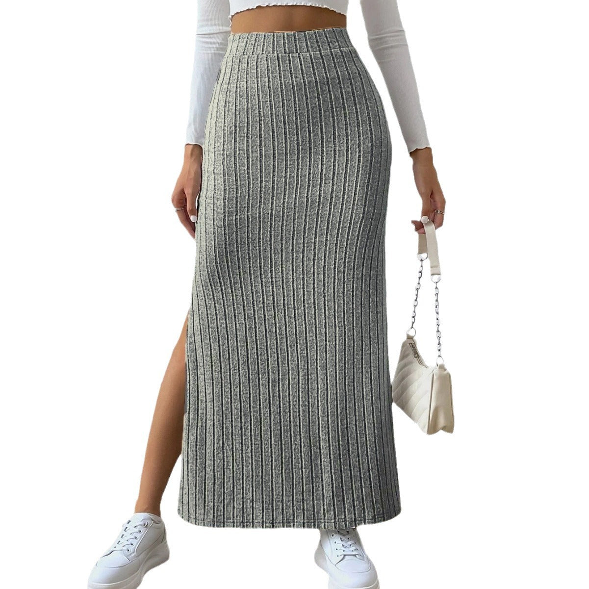 Women's Waist Side Slit Slim Knit Solid Skirt