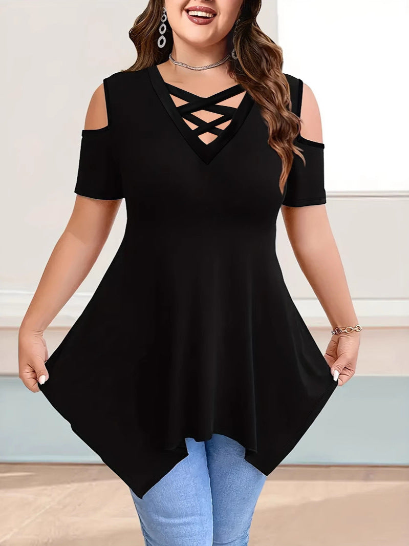 Women's Collar Cross Strap Sleeve Solid Color Tops