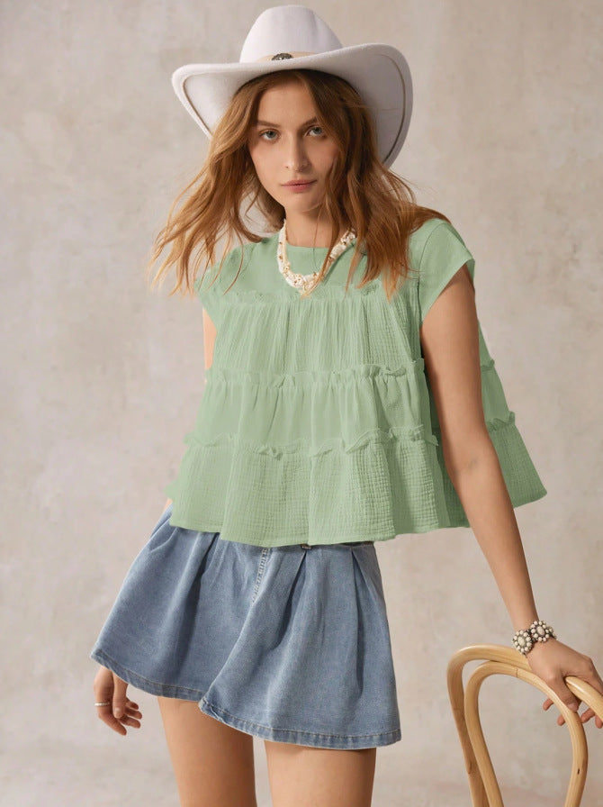 Women's Summer Loose All Cotton Stitching Doll Blouse