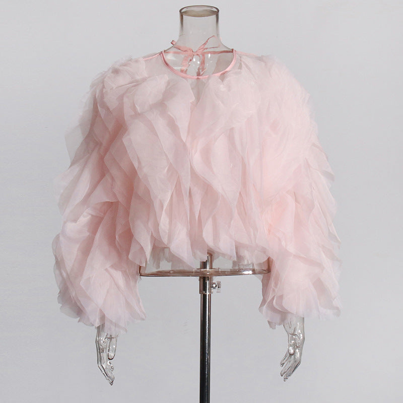 Women's Solid Color Autumn High-grade Stitching Voile Shirt Blouse