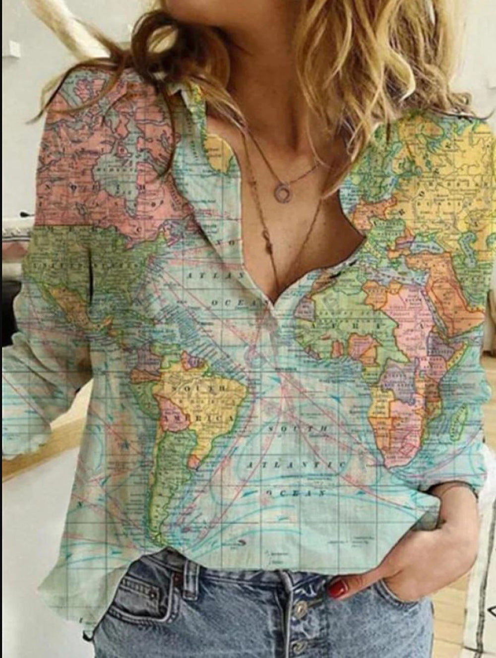 Women's Shirt Map Depicting Printed Long-sleeved Blouse