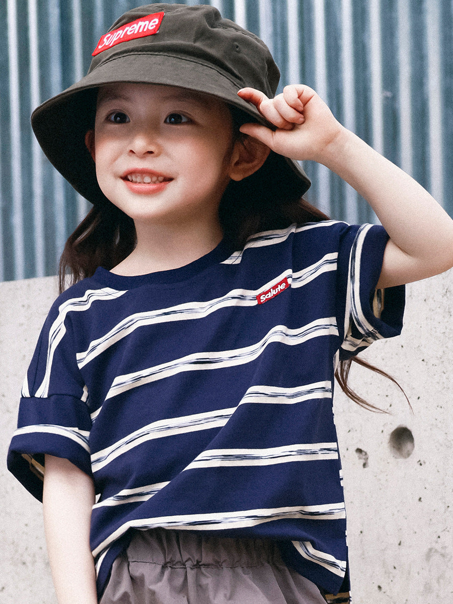 Children's Cotton Summer Contrast Color Striped Middle Big Loose Casual Children's T-shirt