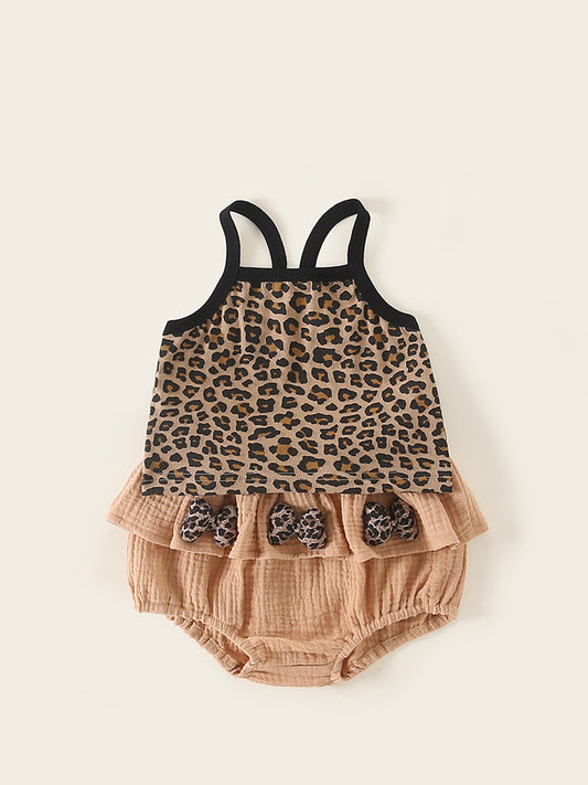 Summer Overall Dress Set Born Leopard Print Sleeveless Vest Bow Children's Suit