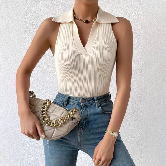 Women's Summer Solid Color Collar Casual Slim Sleeveless Knitted Shorts