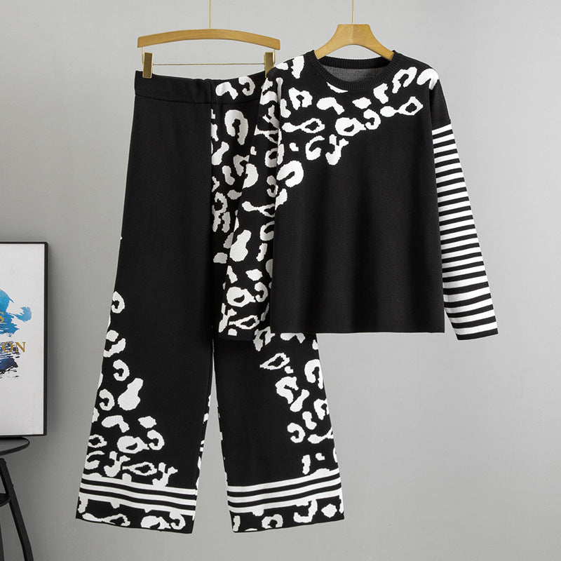 Women's Two-piece Set High Sense Loose Leopard Sweaters