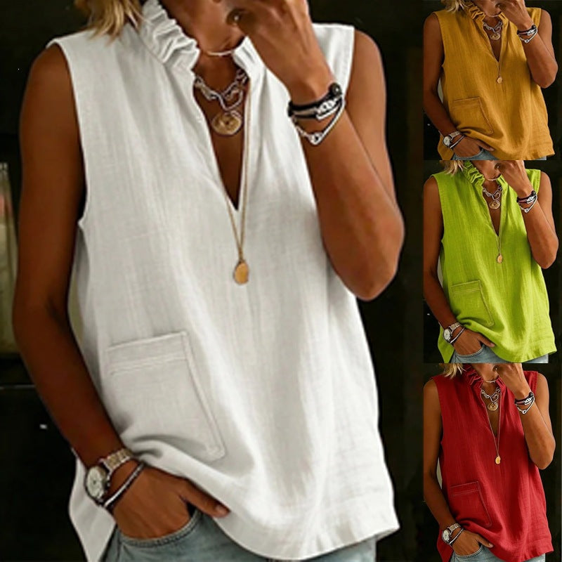 Elegant Stand Collar Ruffle Cotton Linen Shirt Summer Sleeveless Blouse