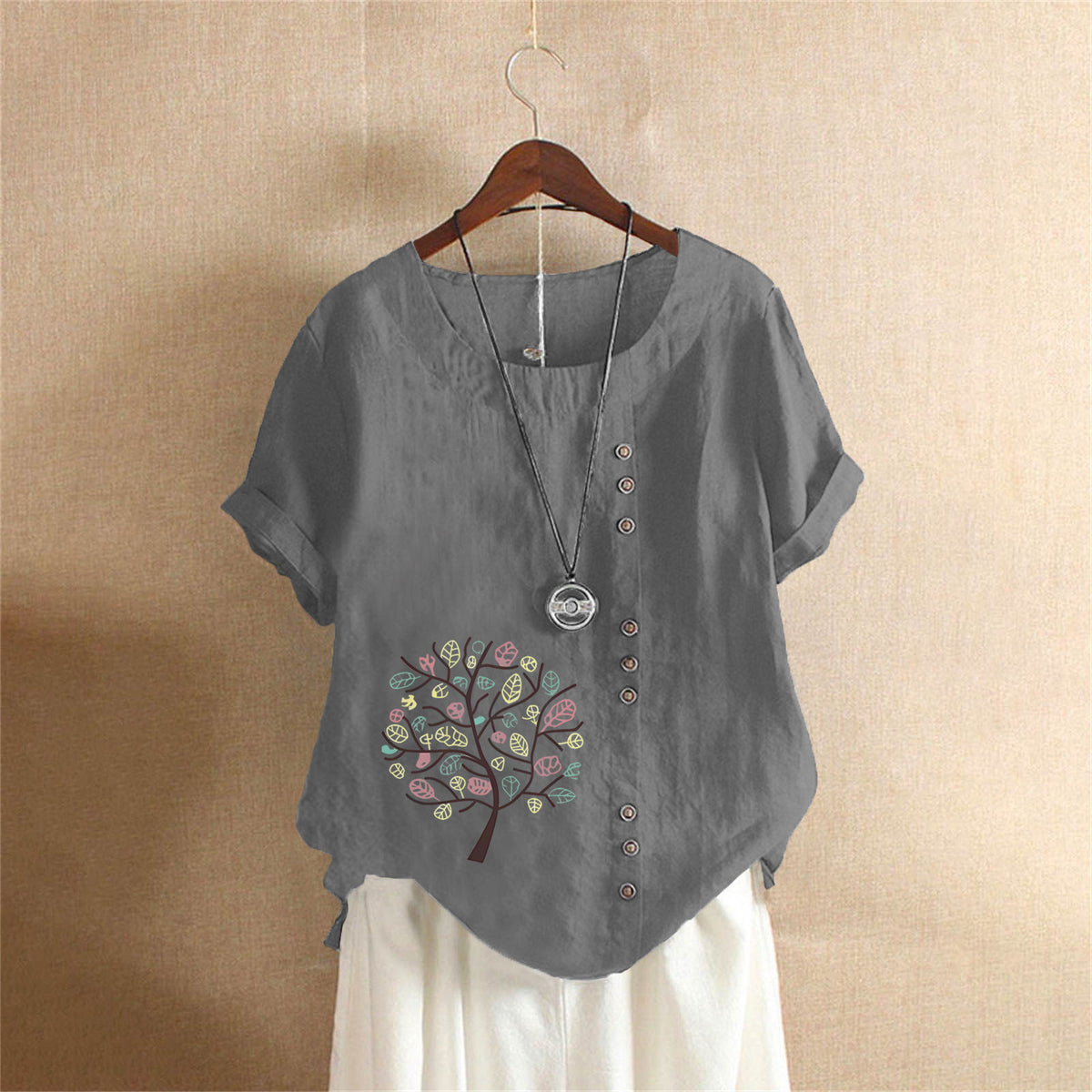 Women's Retro Large Casual Loose Cotton Linen Sleeve Pullover Happiness Women's T-shirt