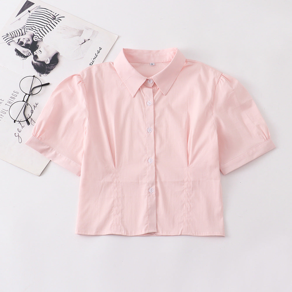 Women's Korean Elastic Puff Sleeve Pink Waist Trimming Shirt Hip Blouse