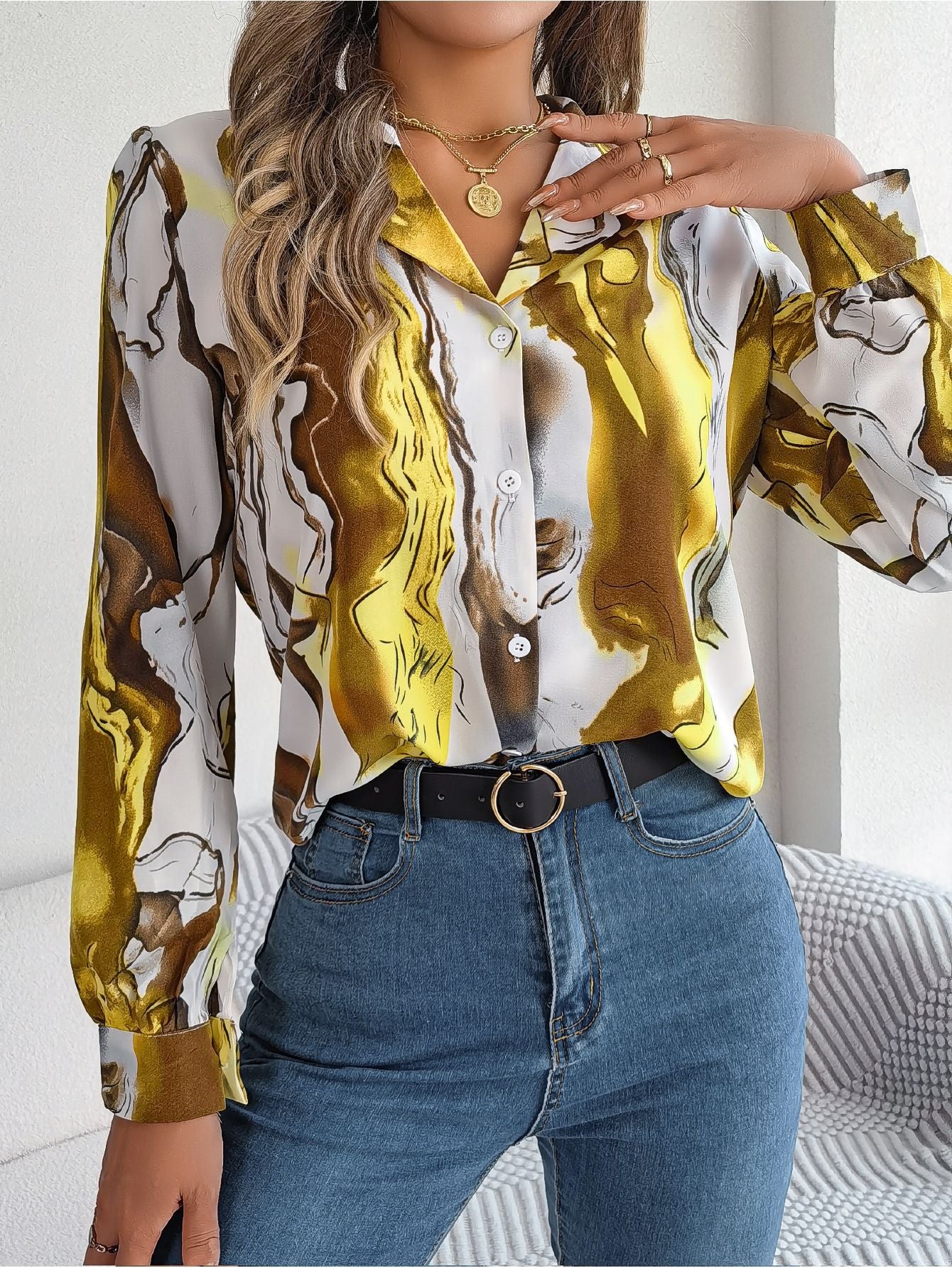 Women's Casual Contrast Color Striped Collar Long Lace Shirt, Chiffon Shirt