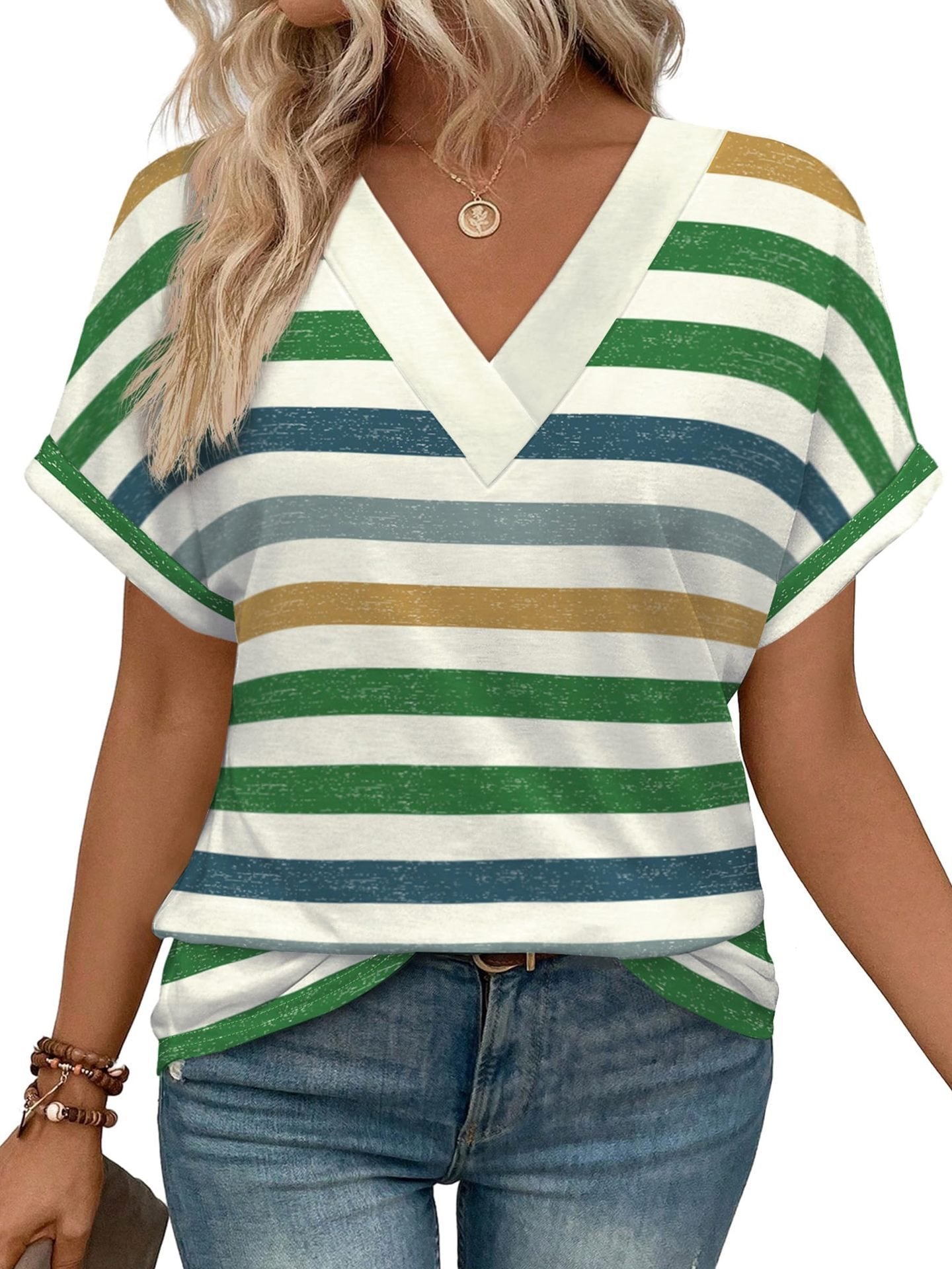 Women's Casual Round Neck Striped Short-sleeved Overseas Tops