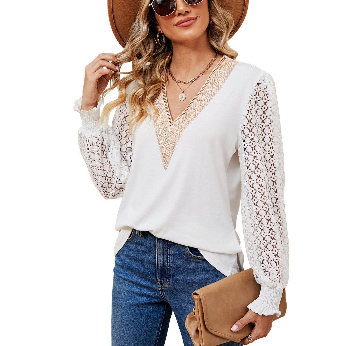 Attractive Women's Lace Patchwork Loose Long-sleeved Women's T-shirt
