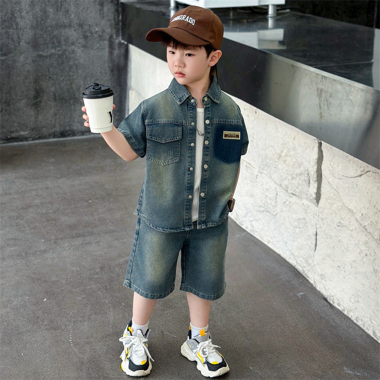 Children's Summer Pocket Labeling Denim Handsome Trendy Two-piece Children's Suit