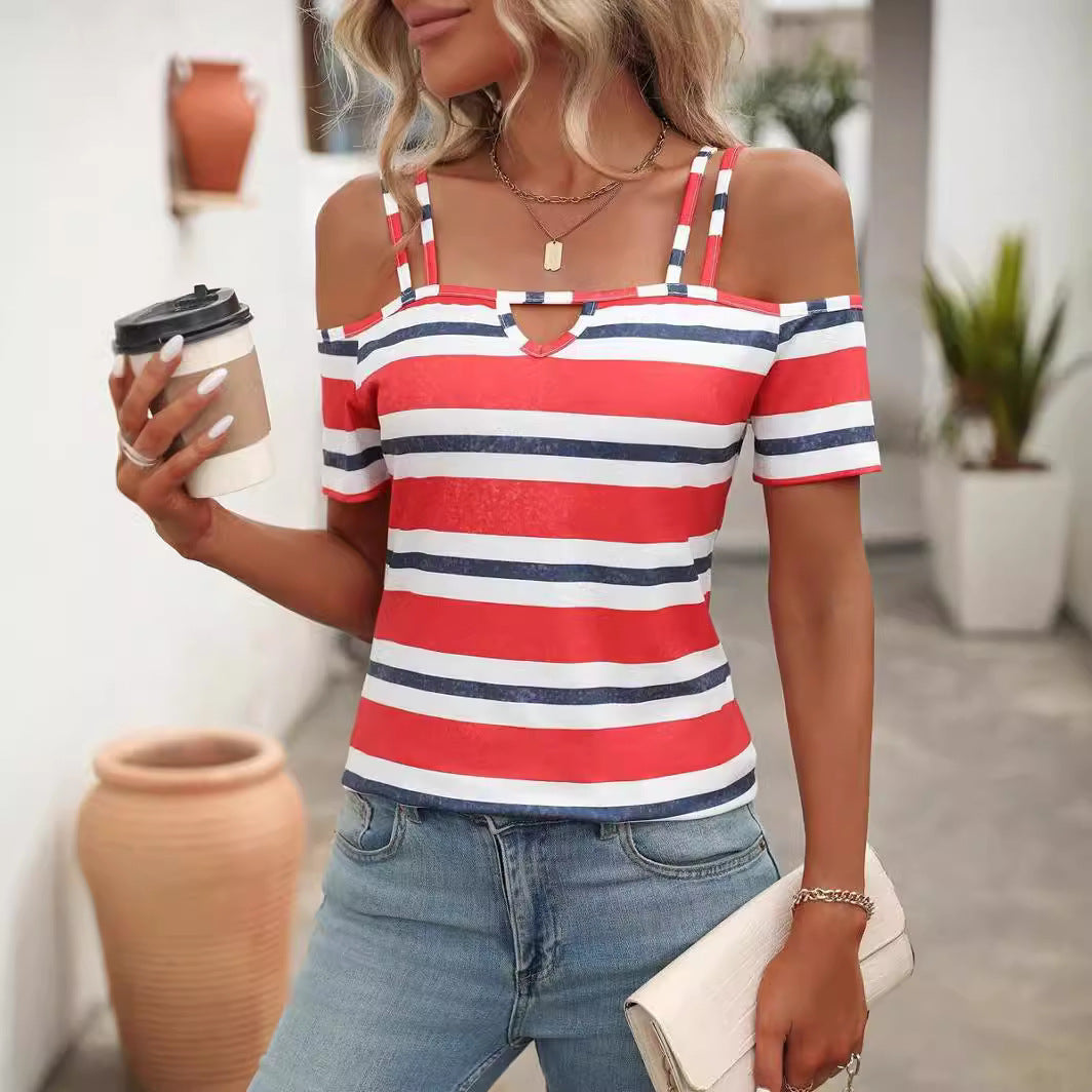 Women's Casual Contrast Color Striped Printed Strap Women's T-shirt