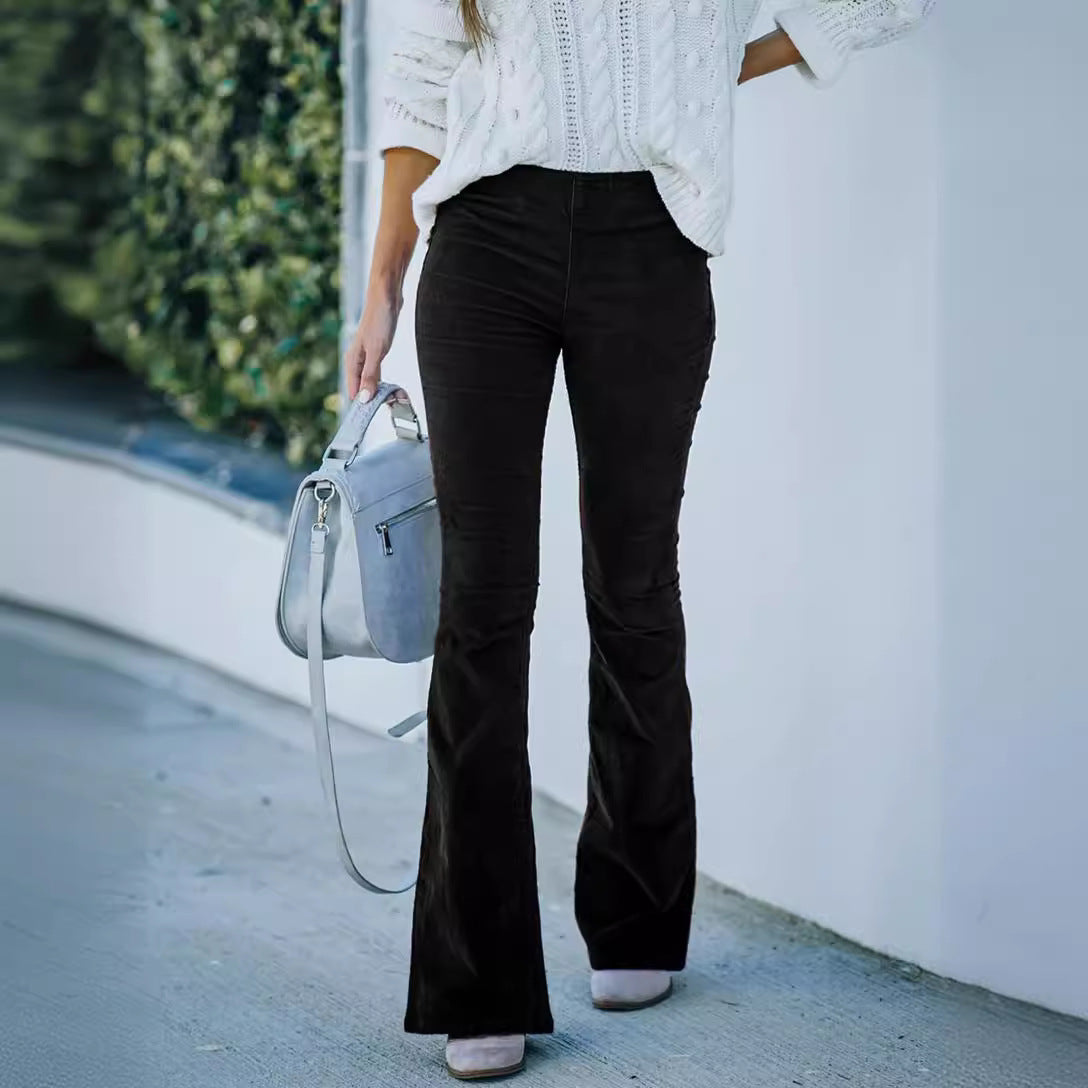 Women's Solid Color High Waist Micro Flared Corduroy Casual Pants