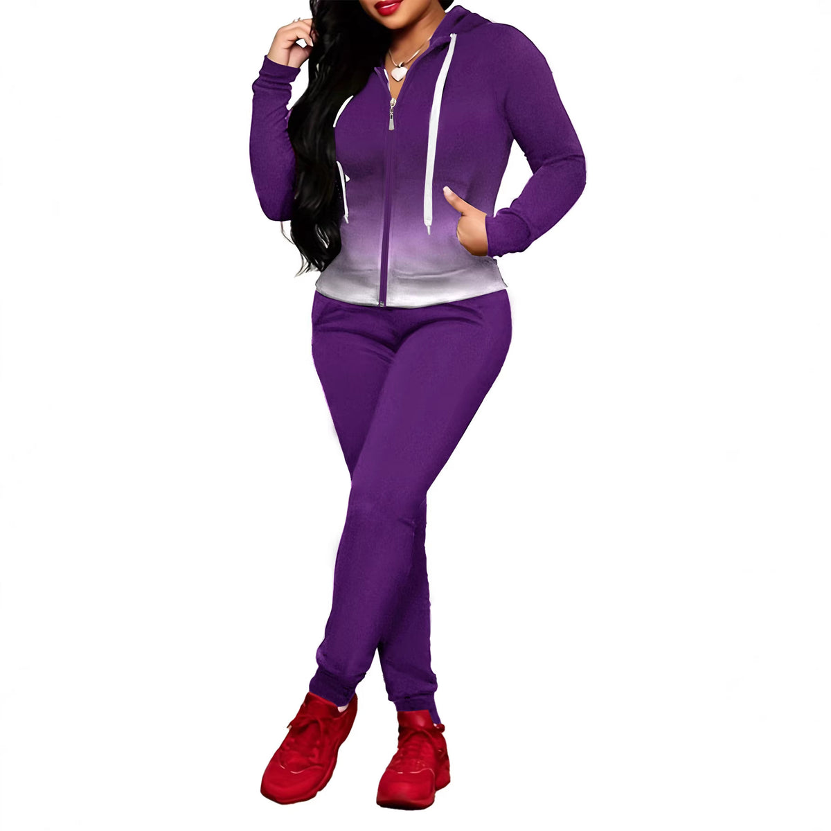 Women's Round Neck Zipper With Trousers Two-piece Set Suits