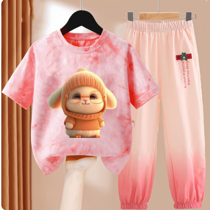 Clothes T-shirt Medium Large Short Sleeved Ice Silk Trousers Two-piece Children's Suit
